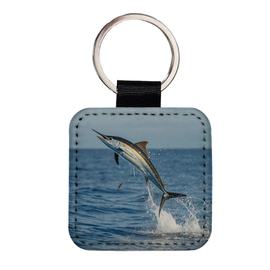 Flying Fish Jumping Fishing Square Faux Leather Keychain