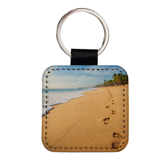 Footprints In The Sand Barefoot Beach Ocean Square Faux Leather Keychain