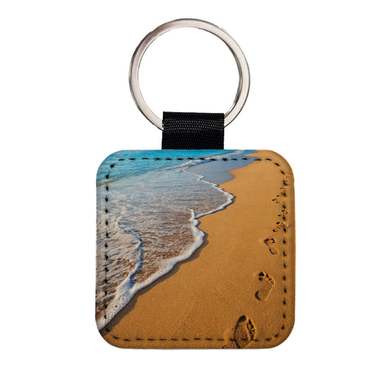 Footprints In The Sand Beach Shore Square Faux Leather Keychain
