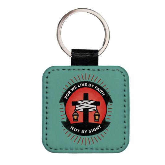 For We Live By Faith Not By Sight Bible Square Faux Leather Keychain