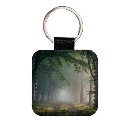 Forest Fog Morning Trail Square Faux Leather Keychain