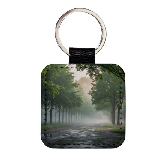 Forest Misty Morning Square Faux Leather Keychain