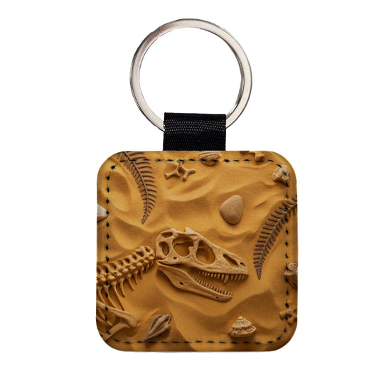 Fossils Dinosaur Bones Scattered On Sand Square Faux Leather Keychain