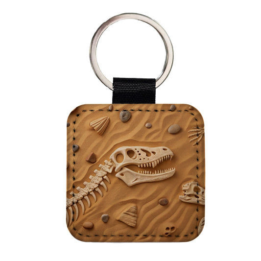 Fossils Dinosaur Bones Square Faux Leather Keychain