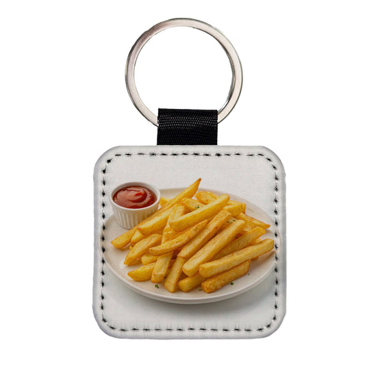 French Fries Ketchup Snack Square Faux Leather Keychain