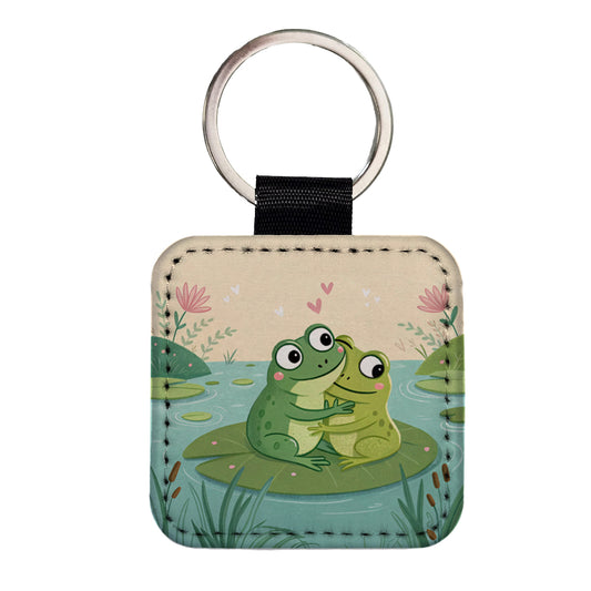 Frogs Hugging Love Square Faux Leather Keychain
