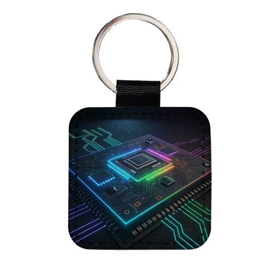 Futuristic Circuit Board Colorful Square Faux Leather Keychain
