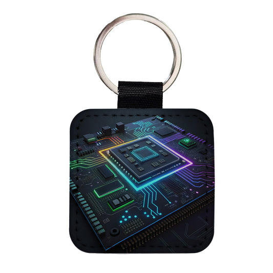 Futuristic Circuit Board Square Faux Leather Keychain