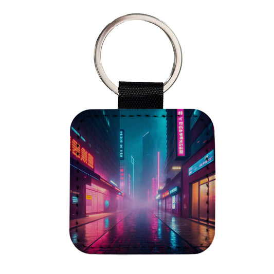 Futuristic City Alley Night Glowing Signs Misty Square Faux Leather Keychain