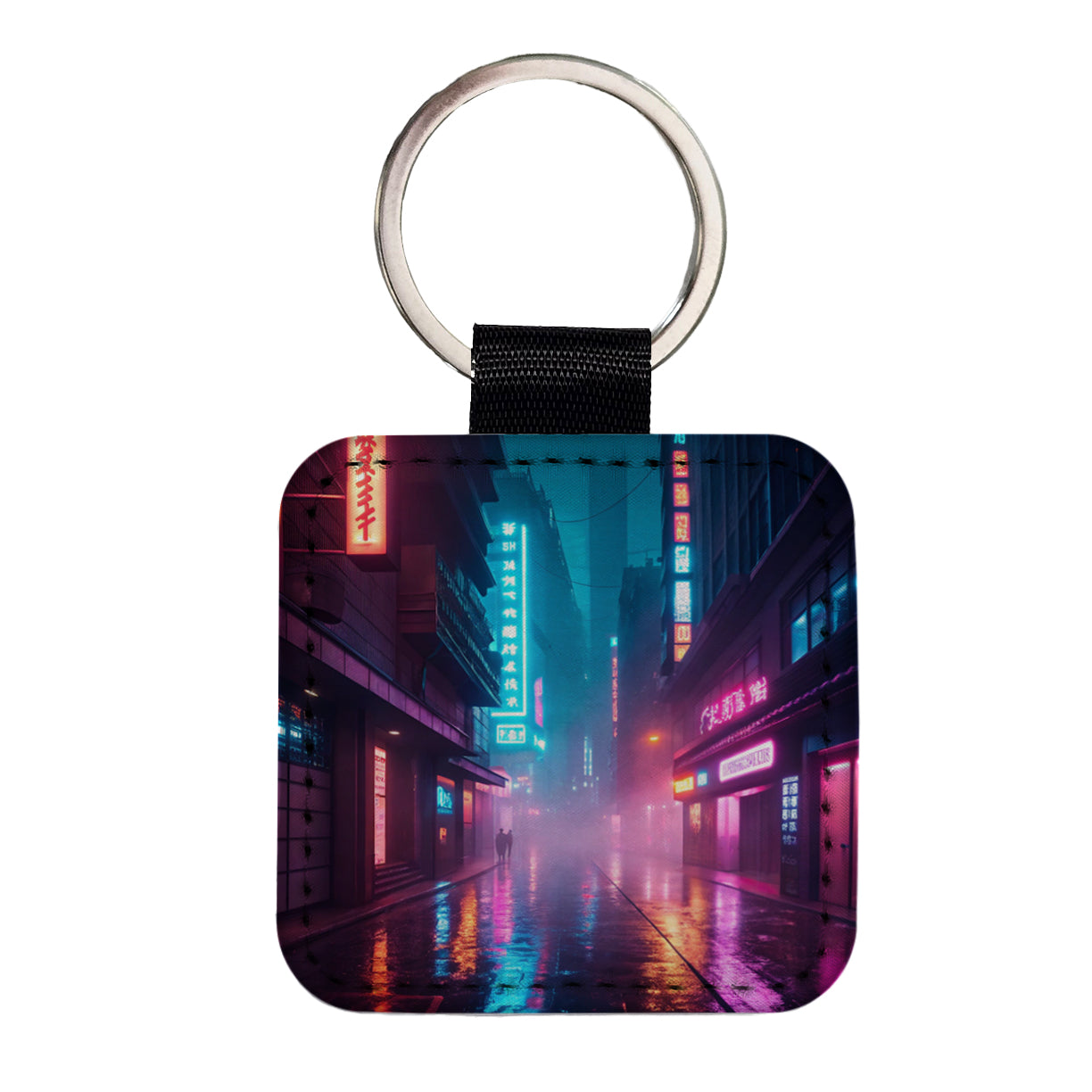 Futuristic City Alley Night Glowing Signs Square Faux Leather Keychain