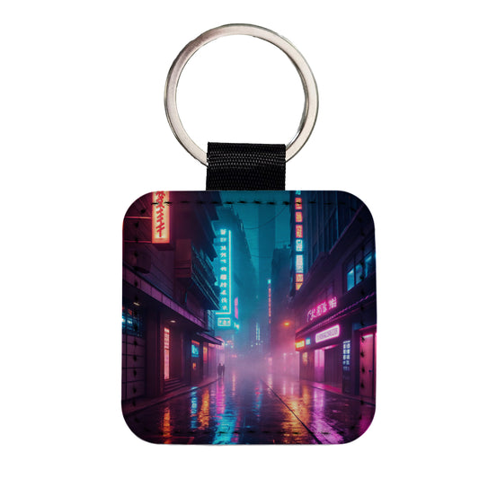 Futuristic City Alley Night Glowing Signs Square Faux Leather Keychain