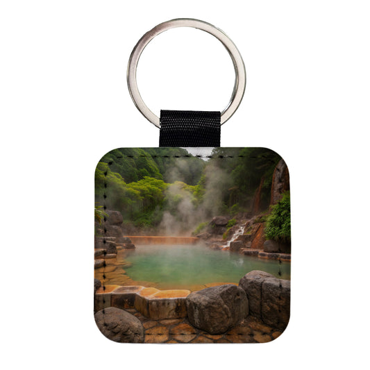 Geothermal Spa Misty Square Faux Leather Keychain