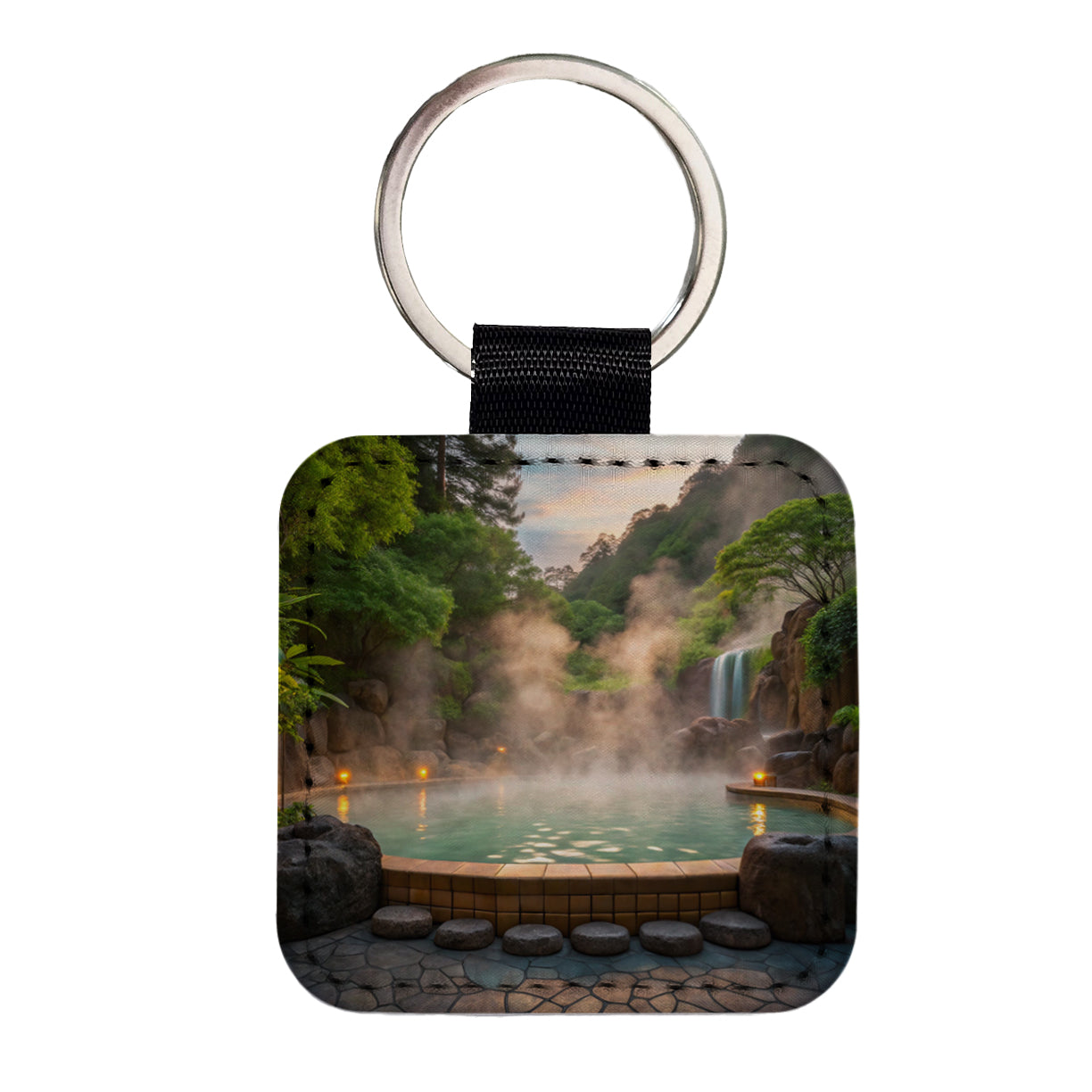 Geothermal Spa Waterfall Square Faux Leather Keychain