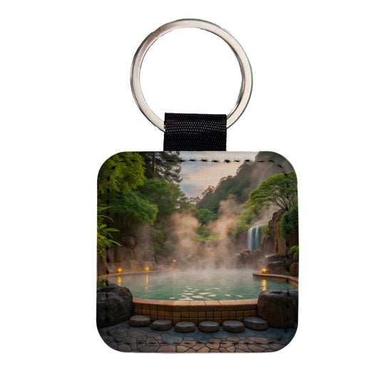 Geothermal Spa Waterfall Square Faux Leather Keychain