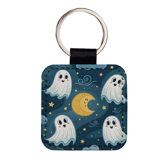 Ghosts Smiling Floating Night Sky Halloween Square Faux Leather Keychain