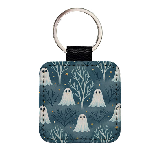 Ghosts Smiling Halloween Sparse Trees Square Faux Leather Keychain