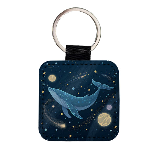 Giant Whale Floating In Space Stars Planets Square Faux Leather Keychain