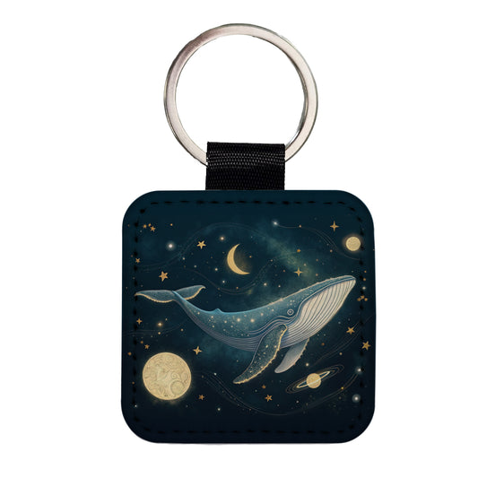 Giant Whale Floating In Space Square Faux Leather Keychain