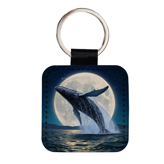 Giant Whale Leaping Over Ocean Moon Square Faux Leather Keychain