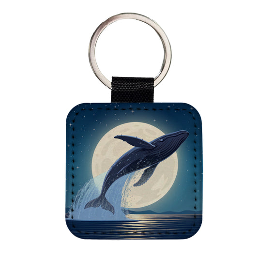 Giant Whale Leaping Over Ocean Night Square Faux Leather Keychain
