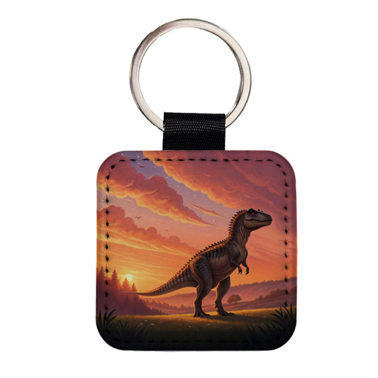 Giganotosaurus Standing Sunset Dinosaur Square Faux Leather Keychain