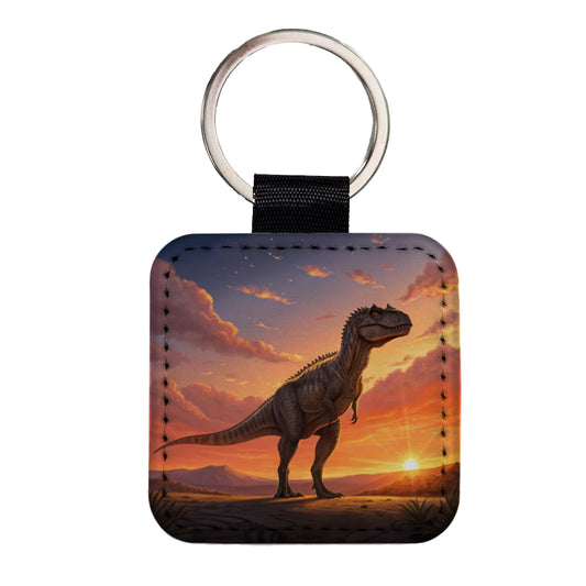 Giganotosaurus Sunset Dinosaur Square Faux Leather Keychain