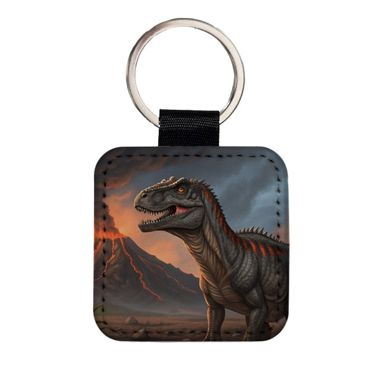 Giganotosaurus Volcano Erupting Dinosaur Square Faux Leather Keychain