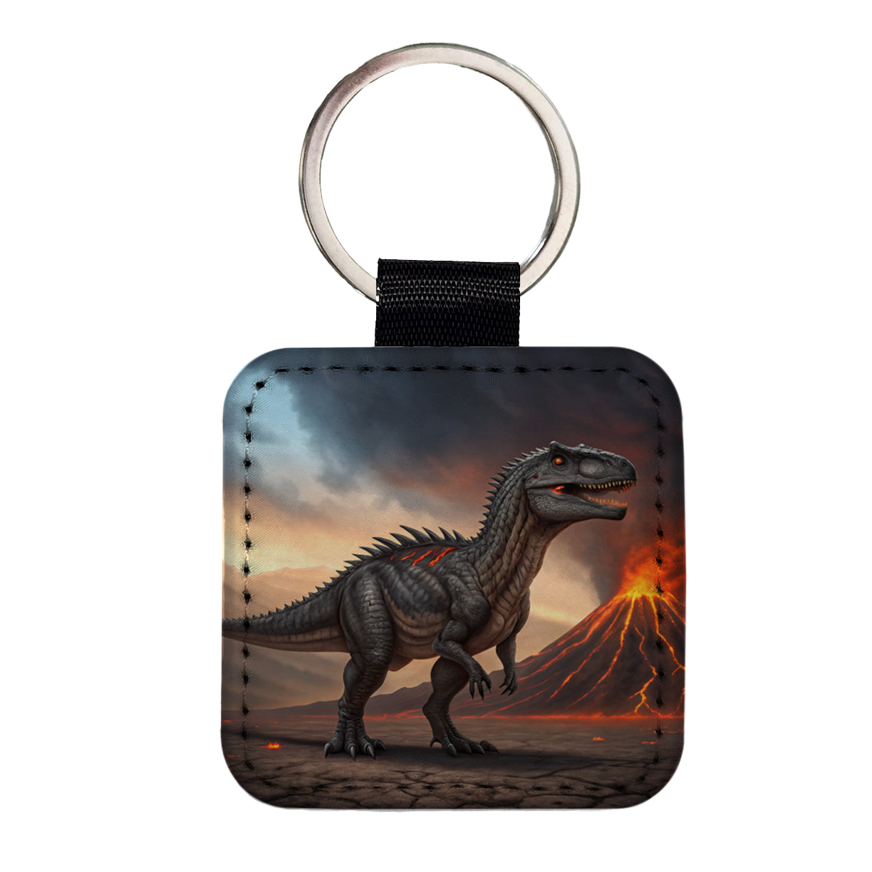 Giganotosaurus Volcano Lava Dinosaur Square Faux Leather Keychain