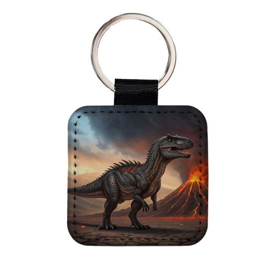 Giganotosaurus Volcano Lava Dinosaur Square Faux Leather Keychain