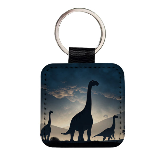 Gigantosaurus Sauropods Silhouettes Night Dinosaurs Square Faux Leather Keychain