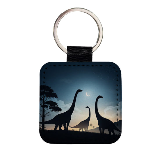 Gigantosaurus Silhouettes Moon Trees Dinosaurs Square Faux Leather Keychain