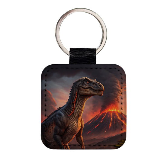 Gigantosaurus Volcano Erupting Dinosaur Square Faux Leather Keychain