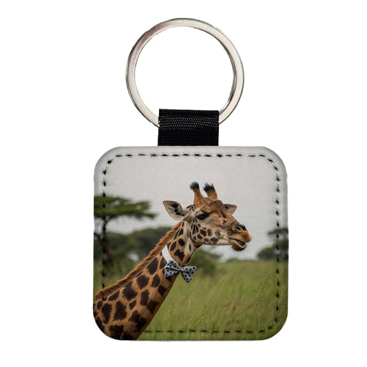 Giraffe Wearing Bow Tie Square Faux Leather Keychain