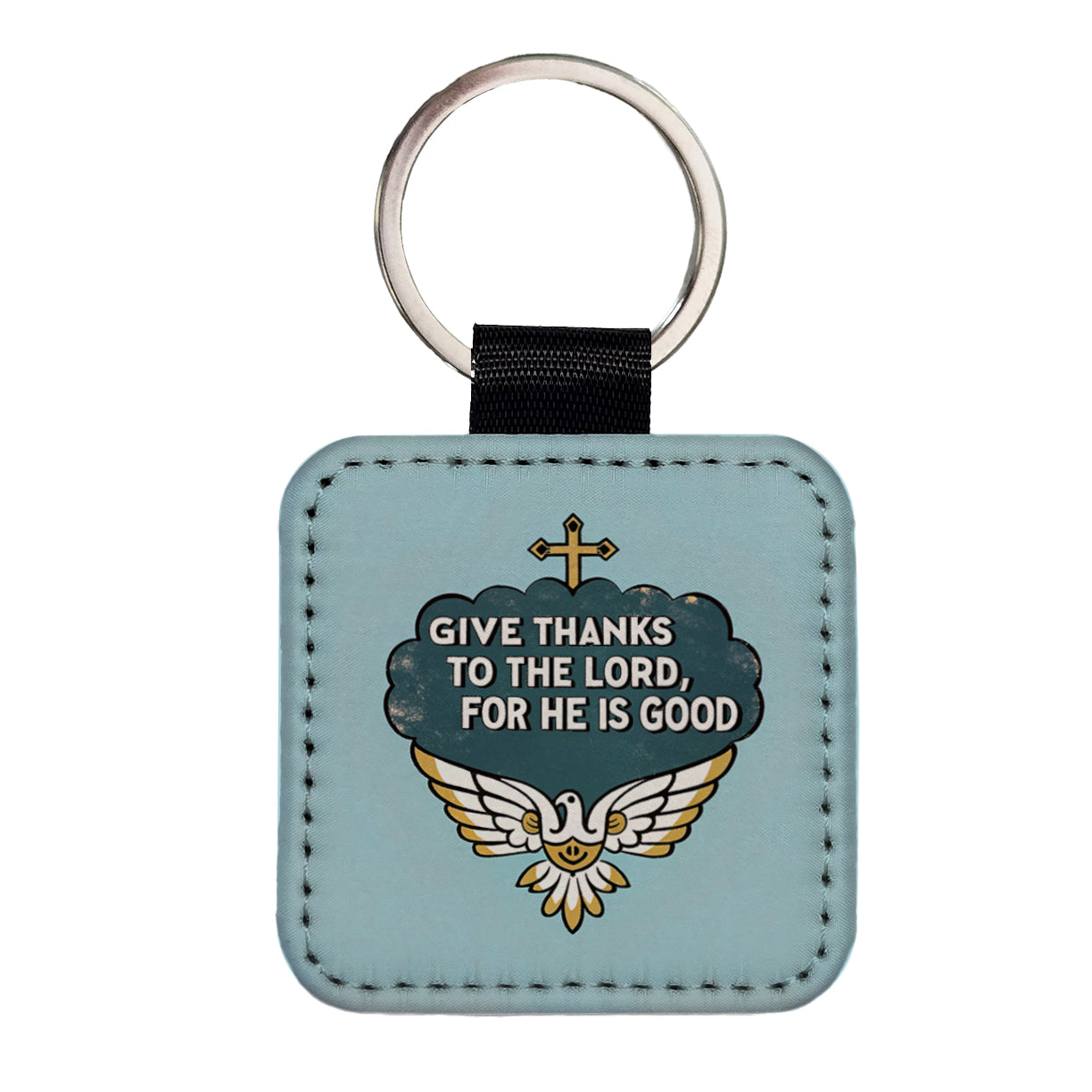 Give Thanks To The Lord For He Is Good Psalm Bible Verse Blue Square Faux Leather Keychain