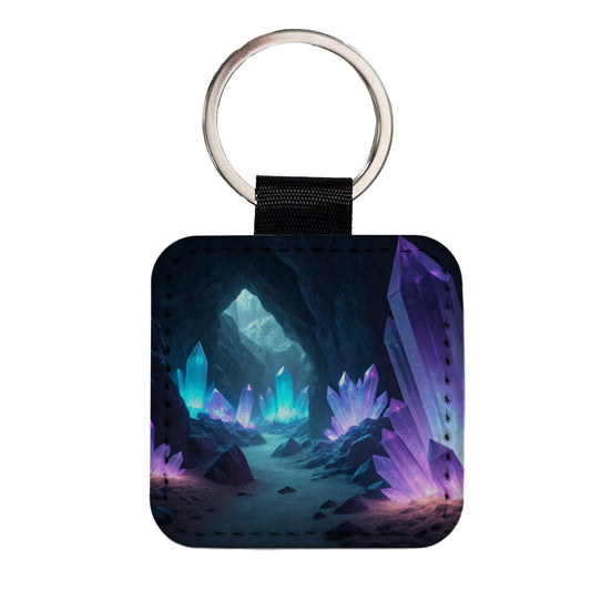 Glowing Crystals Dark Cavern Cool Hues Square Faux Leather Keychain