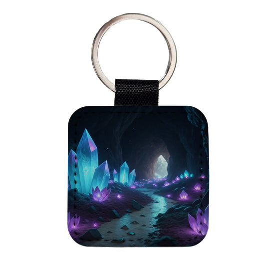 Glowing Crystals Dark Cavern Square Faux Leather Keychain