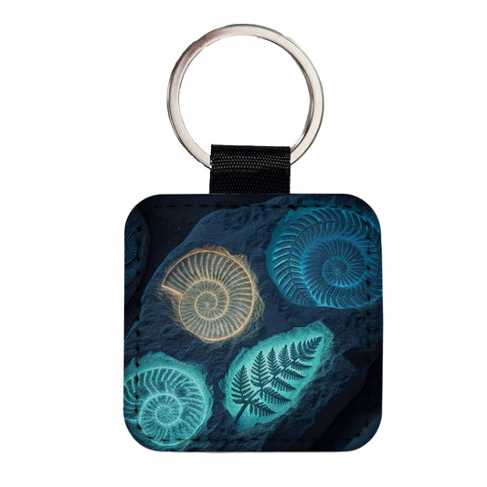 Glowing Holographic Style Fossil Imprints Square Faux Leather Keychain