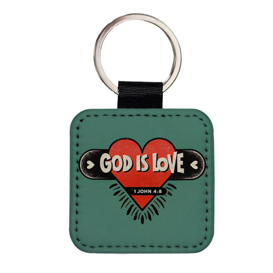 God Is Love Bible Verse Christian Square Faux Leather Keychain