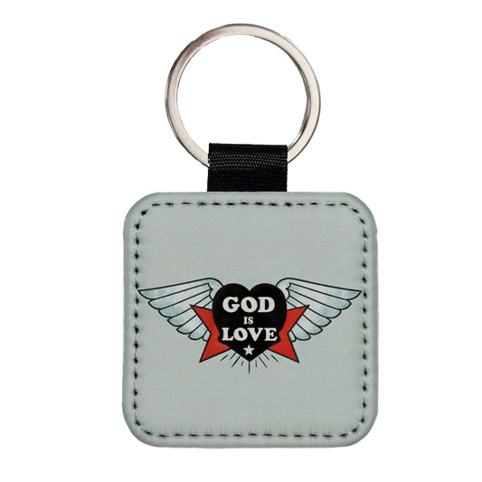 God Is Love Christian Bible Square Faux Leather Keychain