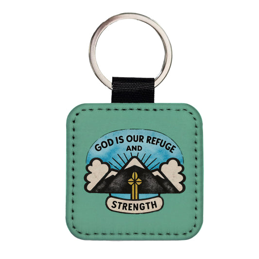 God Is Our Refuge And Strength Bible Verse Square Faux Leather Keychain