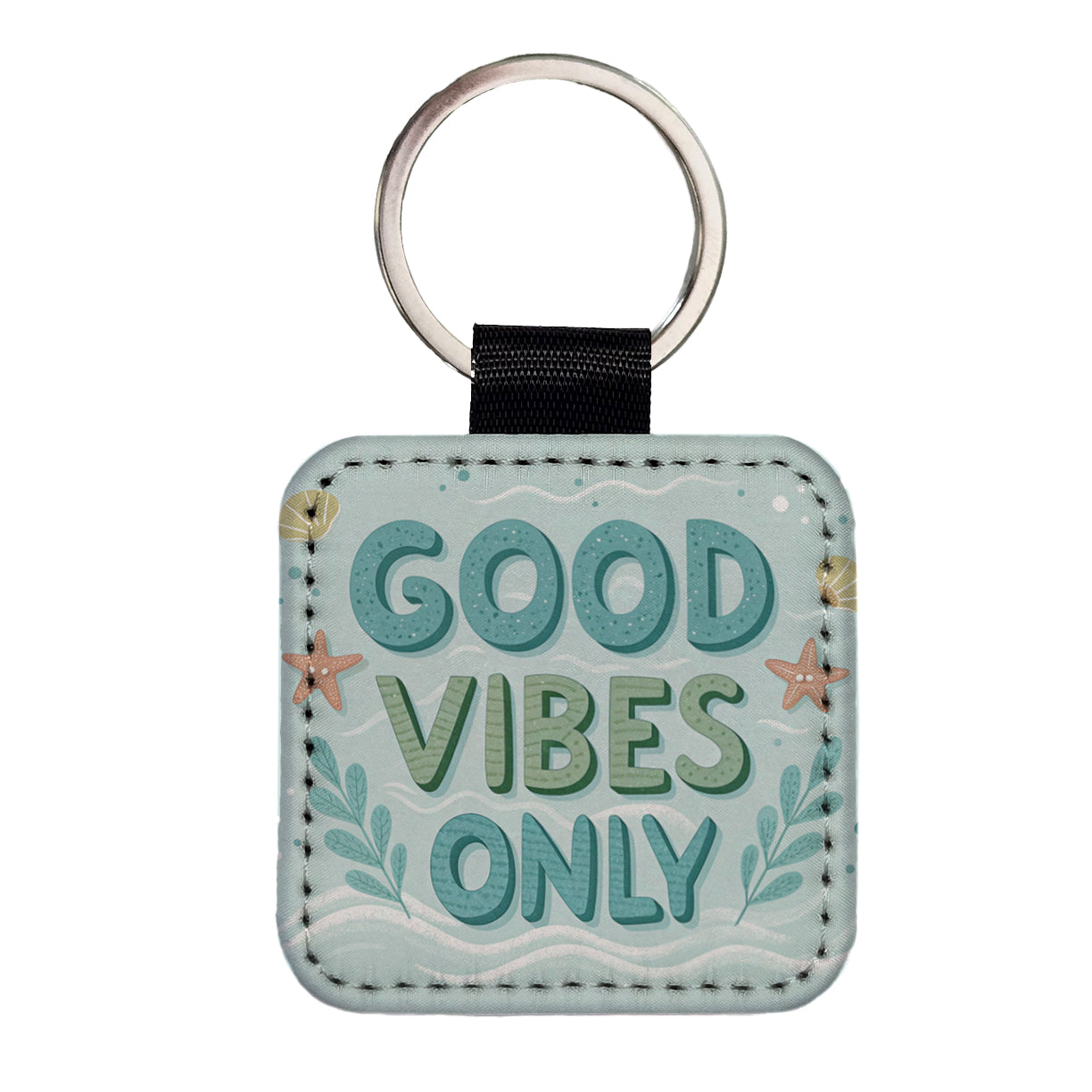 Good Vibes Only Sea Foam Ocean Beach Square Faux Leather Keychain