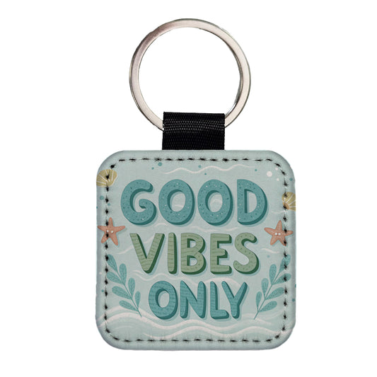 Good Vibes Only Sea Foam Ocean Beach Square Faux Leather Keychain