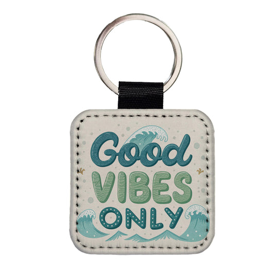Good Vibes Only Sea Foam Ocean Waves Beach Square Faux Leather Keychain