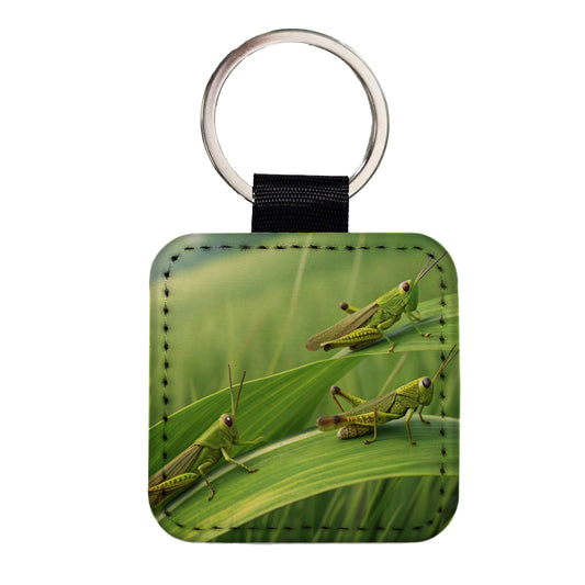 Grasshoppers On Grass Square Faux Leather Keychain