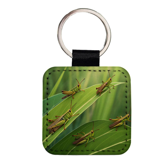 Grasshoppers On Leaves Square Faux Leather Keychain