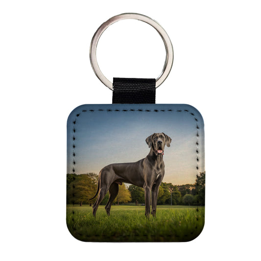 Great Dane In Grass Square Faux Leather Keychain