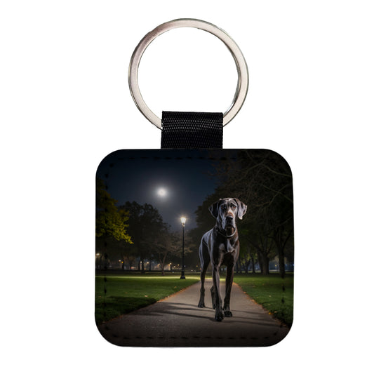 Great Dane In Park At Night Square Faux Leather Keychain