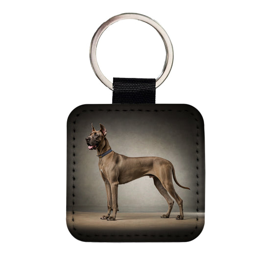 Great Dane Standing Photo Square Faux Leather Keychain