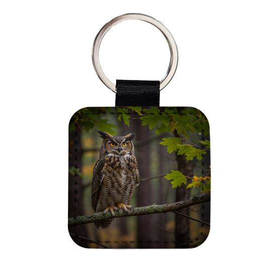 Great Horned Owl In Forest Square Faux Leather Keychain