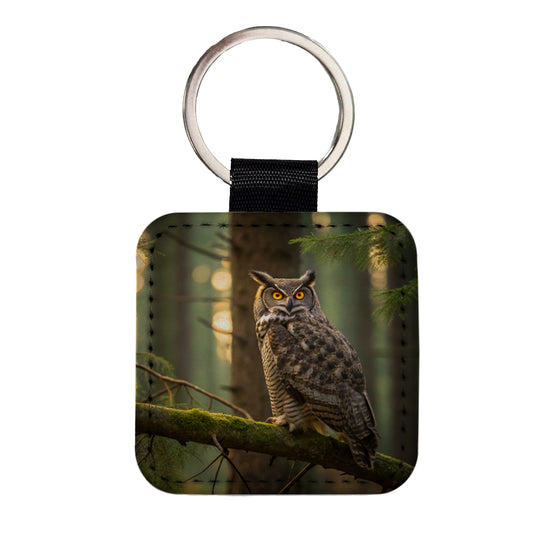 Great Horned Owl On Branch Square Faux Leather Keychain